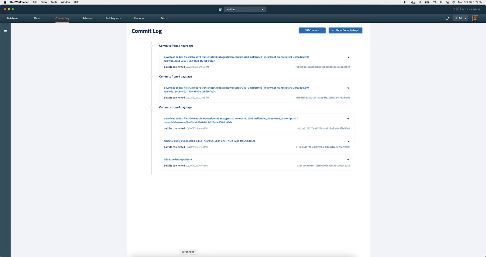 DoltLite Commit Log