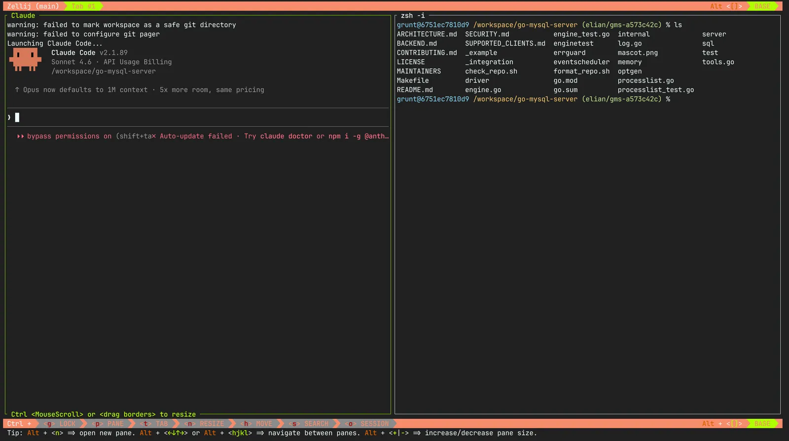 A grunt agent session running against go-mysql-server