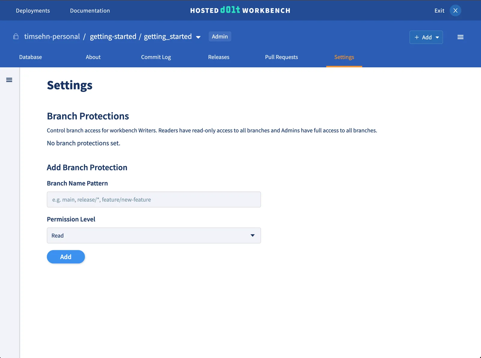 Hosted Dolt settings tab