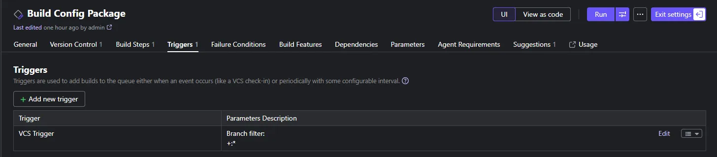 The Triggers page with a VCS trigger added to the build configuration