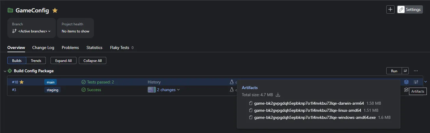 TeamCity's overview page for our GameConfig project, with its build configuration and recent runs