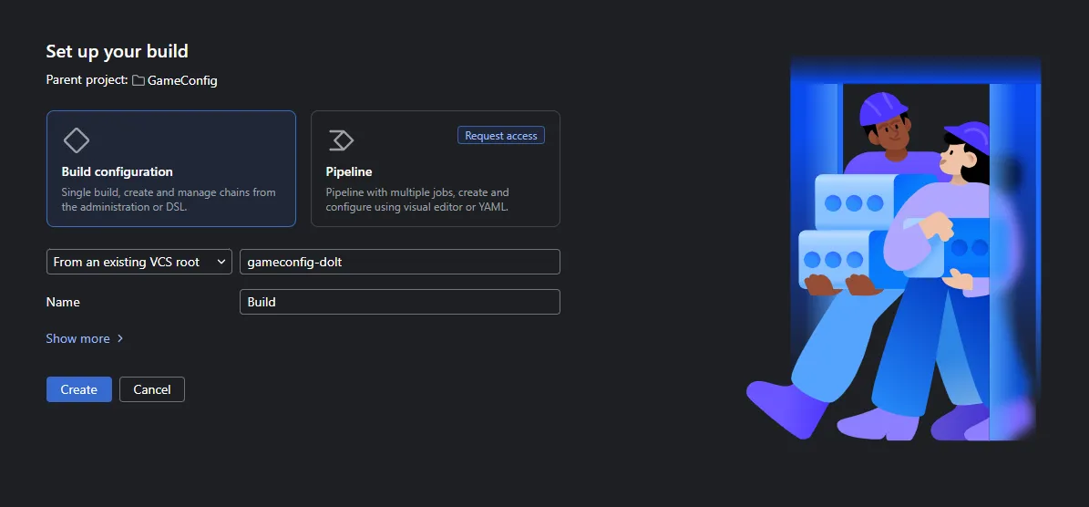 The Set up your build page with the Build configuration option and the gameconfig-dolt root selected