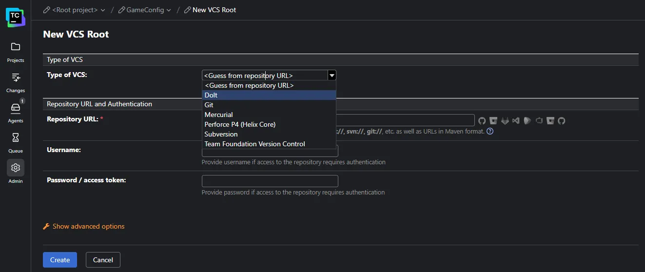 TeamCity's Type of VCS dropdown listing Dolt alongside Git, Subversion, and Perforce